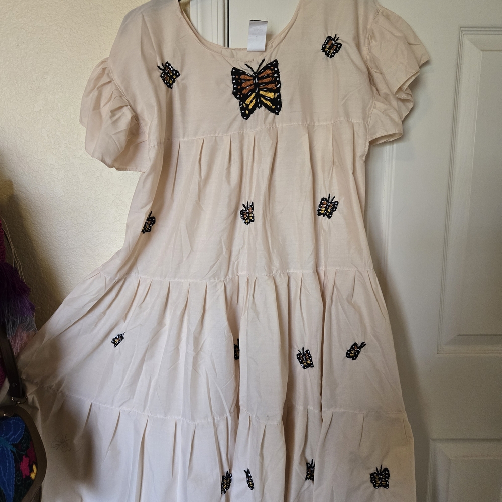 Butterfly Embroidered Dress - Cream